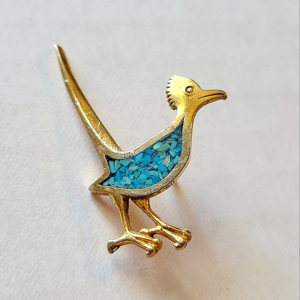 Gold and Turquoise Roadrunner Brooch Pin Crushed Inlaid Signed '80 Vintage Bird